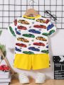 SHEIN Baby Boy Cartoon Car Pattern Round Neck Short-Sleeved Pullover Top And Shorts Two-Piece Set