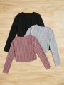 SHEIN Kids HYPEME Girls' Plain Knitted Letter Tape Fitted Multi-pack Long Sleeve Top