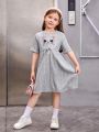 SHEIN Kids Nujoom Little Girls' Elegant Cat Embroidery Tiered Dress With Waist Belt And Bowknot
