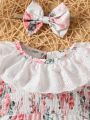 Baby Girls' Summer New Floral Print Short Sleeve Romper With Ruffle Collar And Headband