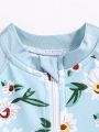 SHEIN Cute Floral Pattern Color Block Long Sleeve High-Necked Shoulder Pad One-Piece Swimsuit For Baby Girl