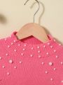 SHEIN Kids FANZEY Tween Girls' Casual Loose Fit Stand Collar Sweater With Pearl Decorated Pullover