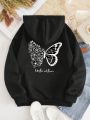 Teen Girls' Butterfly And Slogan Print Fleece Lined Hooded Sweatshirt For Warmth