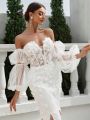 SHEIN Belle One Shoulder V-Neck Back Tie Wedding Dress With 3d Floral Fabric And Mesh Skirt