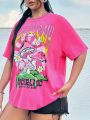 SHEIN CURVE+ Plus Size Women's Mushroom Logo Printed Drop Shoulder T-Shirt