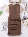 Teen Girl Ruched Color Block Round Neck Dress