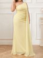 SHEIN Belle Women's Plus Size Bridesmaid Dress With One Shoulder, Chiffon Fabric, Sequin Embellishment, Waist Pleating