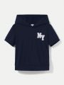 SHEIN Kids EVRYDAY Young Boy Casual And Comfortable 2pcs Short Sleeve Hooded T-Shirt With Letter Print And Shorts