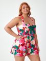 Retro Peaches Plus Size Women'S Floral Printed Halter Neck Backless Jumpsuit