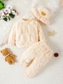 Baby Boys' Bunny Embossed Teddy Sweatshirt, Pants And Teddy Bear Embroidered Hat 3pcs Outfit Set