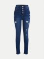 SHEIN Teen Girls' Stretch Skinny Jeans With Irregular Distressed Holes