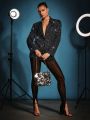 SHEIN BAE Single-Color Gorgeous Rhinestone Decorated Blazer, New Year Outfits