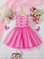 SHEIN Kids CHARMNG Little Girls' V-Neck Sleeveless Mesh Butterfly Appliqué Dress