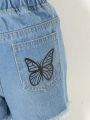 Toddler Girls' Butterfly Graffiti Prined Water Wash Soft Distressed Denim Shorts
