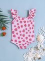SHEIN Baby Girl Casual Cute Strawberry Pattern Flying Sleeve One-Piece Swimsuit
