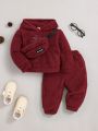 SHEIN Baby Boy And Child Casual Letter Embroidered Fleece Hooded Sweatshirt And Trousers Two-Piece Set