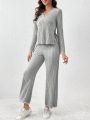 Casual Solid Color V-neck Top And Pants Two-piece Set