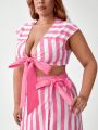 Retro Peaches Plus Size Striped Lace-Up Cropped Top And Wrapped Skirt Two Piece Set