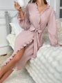 Solid Color Textured Bathrobe With Frill Edging Decoration