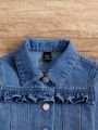 Baby Girls' Basic Casual Medium Blue Washed Denim Jacket With Ruffle Hem