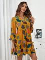 Women's Leaf Print Ruffle Sleeve Dress