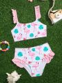 Little Girls' Ruffled Hem Flamingo Printed Swimsuit Set