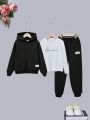 SHEIN Tween Girls Loose Fit Casual Letter Print T-Shirt With Hooded Warm Sports Sweatshirt And Patchwork Detail Sports Pants Two Piece Set