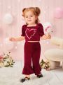 Baby Girl'S Heart Printed Puff Sleeve Top Micro-Flared Pants Casual Suit