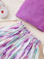 SHEIN Baby Girls' Casual Purple Camisole Top And Multicolor Pleated Skirt Set