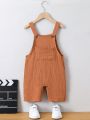 SHEIN Kids HYPEME Boys' Fashion Streetwear Double Layered Gauze Dungarees With Suspenders, Suitable For Summer