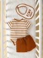 Baby Boy Street-Style Striped Romper, Solid Color Shorts, Letter Printed Bib Set