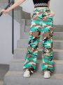 Teen Girls' Casual Fashionable Vintage Style Camouflage Denim Straight Leg Pants