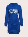 SHEIN Teenage Girls' Y2k Streetwear Academy Letter Printed Hooded Bodycon Sweatshirt Dress With Ruffle Hem