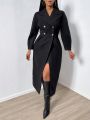 SHEIN SXY Solid Color Double-breasted Woolen Coat