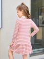 SHEIN Kids SUNSHNE Toddler Girls' Knitted Striped Polo Collar One-piece Casual Dress For Vacation