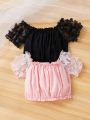 SHEIN Baby Girls' Casual Butterfly Applique Mesh Short Sleeve Tops 2pcs/set