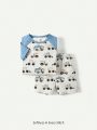 Cozy Cub Baby Boy's Snug Fit Pajama Set With Cartoon Car Print, Including A Round Neck Long Sleeve Top And Footed Pants