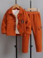 SHEIN Kids EVRYDAY Young Boy Letter Patched Flap Pocket Jacket & Pants Without Tee