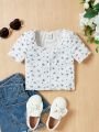 SHEIN Kids Cooltwn Young Girls' Casual Short Sleeve Floral Print T-Shirt