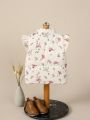 Baby Girls' Floral Print Stand Collar Zip-Up Vest Jacket With Cap Sleeves