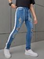 SHEIN Teenage Boys' Washed Ripped & Colorblock & Tight-Fitting & Stretch Denim Pants