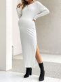 SHEIN Solid Color Ribbed Maternity Knit Dress With High Slit