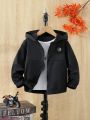 SHEIN Toddler Boys' Casual Patched Hooded Split Zipper Jacket With Long Sleeves