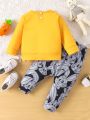 2pcs Baby Boys' Casual Cute Rabbit Printed Long Sleeve Crewneck Top And Pants Set