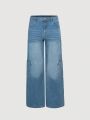 Female Teenagers Multi-Pocket Light Washed Blue Low-Rise Denim Trousers