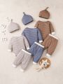 Baby Boys' Coffee, Brown & Blue Striped Homewear Set, Minimalist And Comfortable Jumpsuit Style, With Long Pants, Long Sleeves And Hat In Multiple Colors
