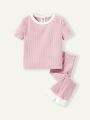 Cozy Cub Baby Girl Snug Fit Pajamas, 4pcs/Set, Including Color Block Round Neck Long Sleeve Top And Pants Homewear