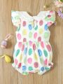 Baby Girl Easter Cute Holiday Egg Pattern Doll Collar Lace Trim Short Sleeve Bodysuit For Spring/Summer