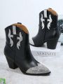 Rhinestone Detail Pointed Toe Chunky Heel Women Fashion Boots