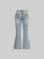 Tween Girl's Basic Everyday Light Blue Washed Ripped Flared Jeans With Stretch